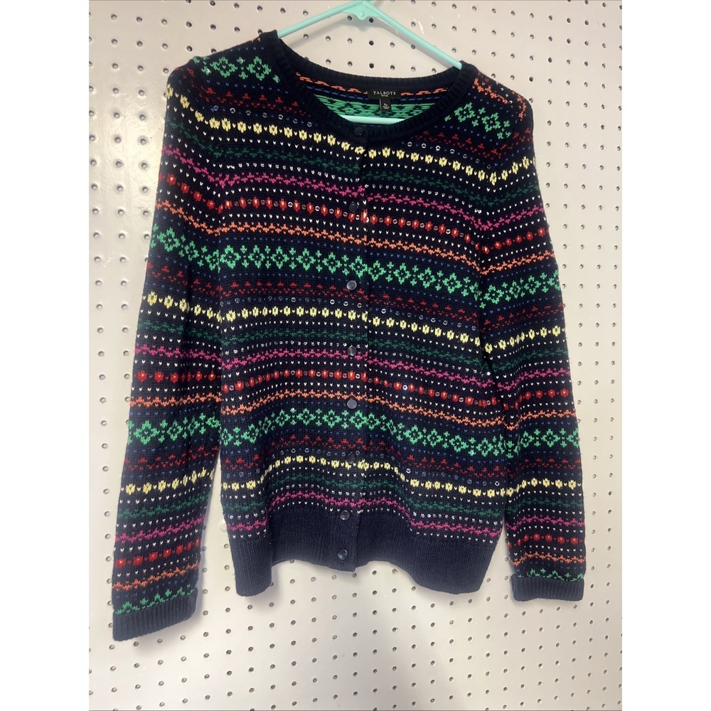 Talbots‎ Fair Isle Sequined Knit Cardigan Sweater Size Petite Sp Nylon Lambswool